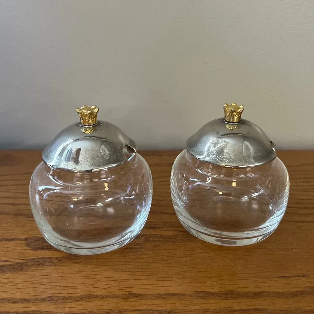 Set of 2 Glass and Metal‎ Condiment Jars Slotted Lid Silver Gold Trinket Jar